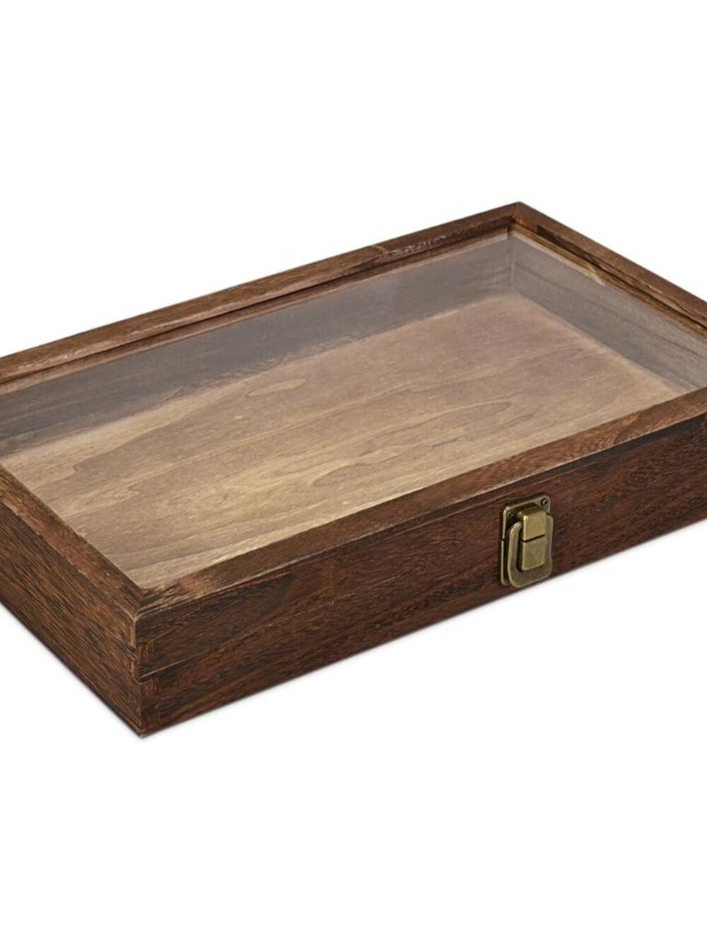 Wooden Jewelry Display Case with Tempered Glass Top, Brown